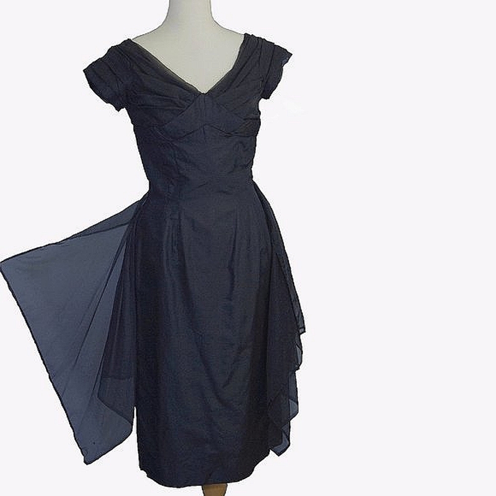 VTG 50s Nathan Strong Black Cocktail Dress, Bombshell Shelf Bust, Flyaway Panel